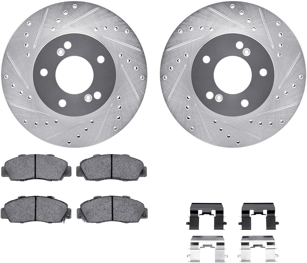 Front Brake Rotors-Drilled and Slotted-Silver with 5000 Advanced Brake Pads Includes Hardware 7512-59037