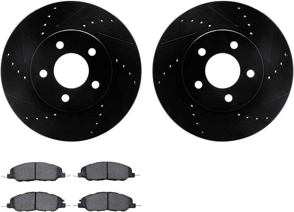 Front Brake Rotors-Drilled and Slotted-Black with 5000 Euro Ceramic Brake Pads 8602-54011