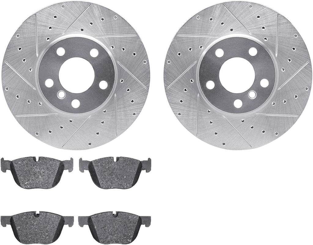 Front Brake Rotors-Drilled and Slotted-Silver with 5000 Euro Ceramic Brake Pads 7602-31109
