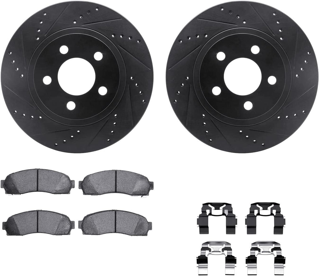 Front Brake Rotors-Drilled and Slotted-Black with Heavy Duty Brake Pads Includes Hardware 8212-99161