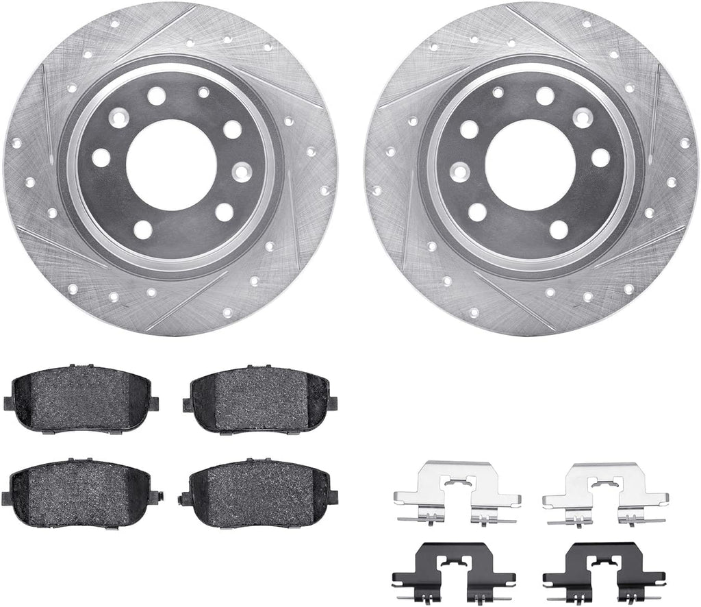 Rear Brake Rotors-Drilled and Slotted-Silver with 5000 Euro Ceramic Brake Pads Includes Hardware 7612-54014