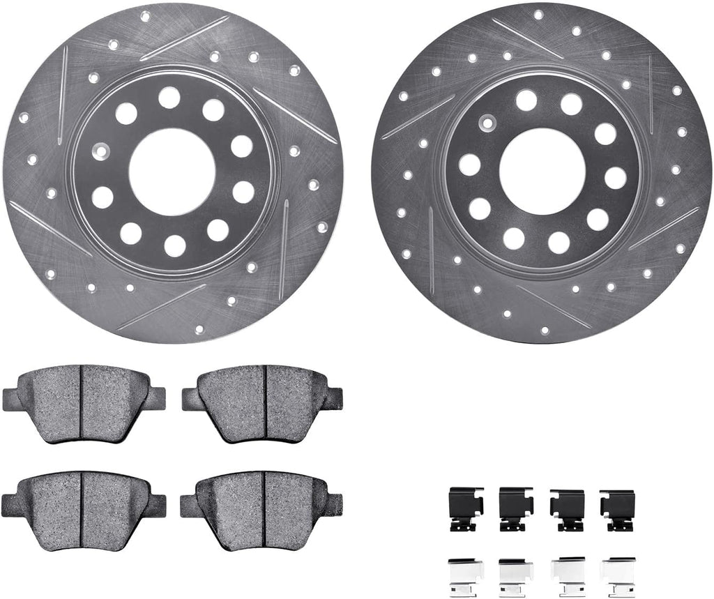 Rear Brake Rotors-Drilled and Slotted-Silver with 5000 Euro Ceramic Brake Pads Includes Hardware 7612-74039