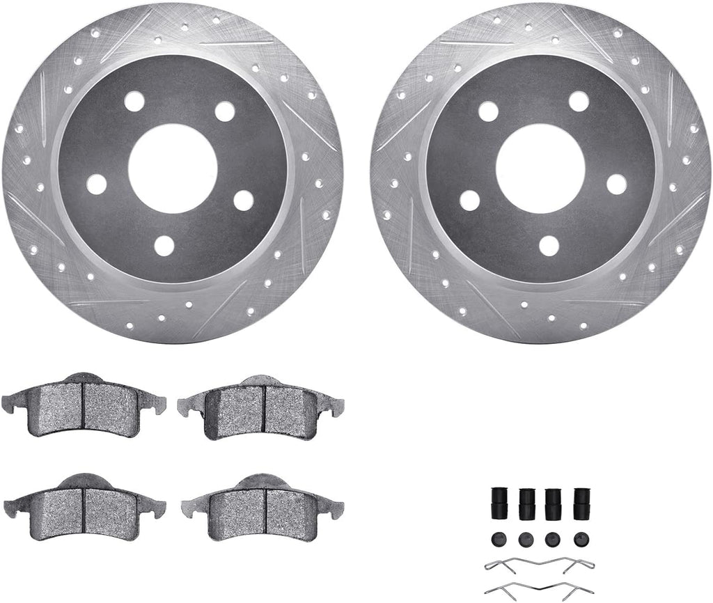 Rear Brake Rotors-Drilled and Slotted-Silver with 5000 Advanced Brake Pads Includes Hardware 7512-42020