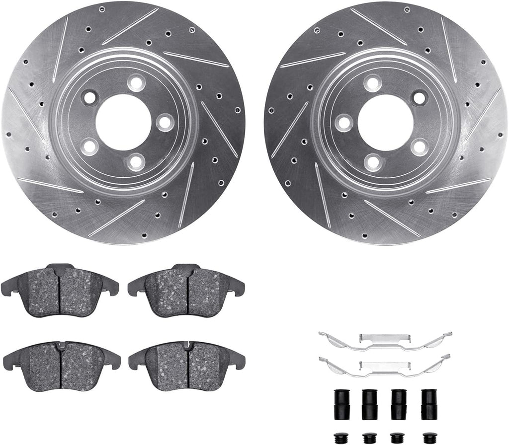 Front Brake Rotors-Drilled and Slotted-Silver with 5000 Advanced Brake Pads Includes Hardware 7512-20013