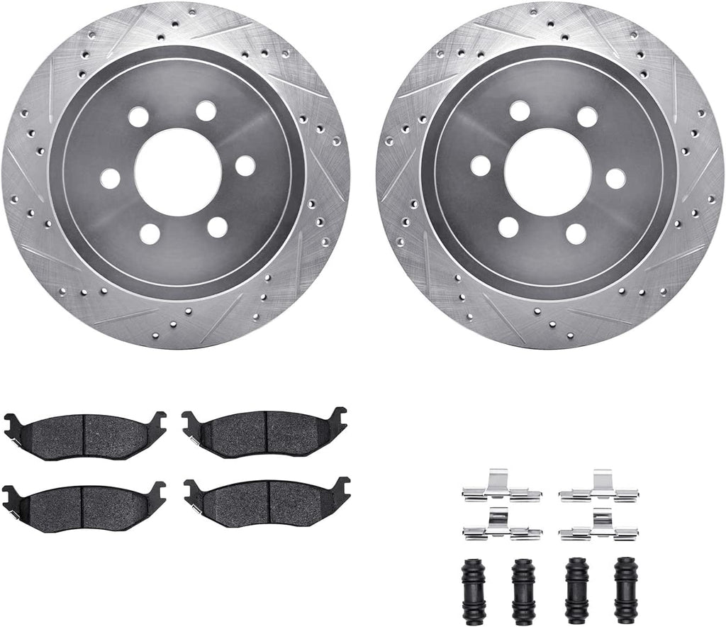 Rear Brake Rotors-Drilled and Slotted-Silver with Heavy Duty Brake Pads Includes Hardware 7212-40170