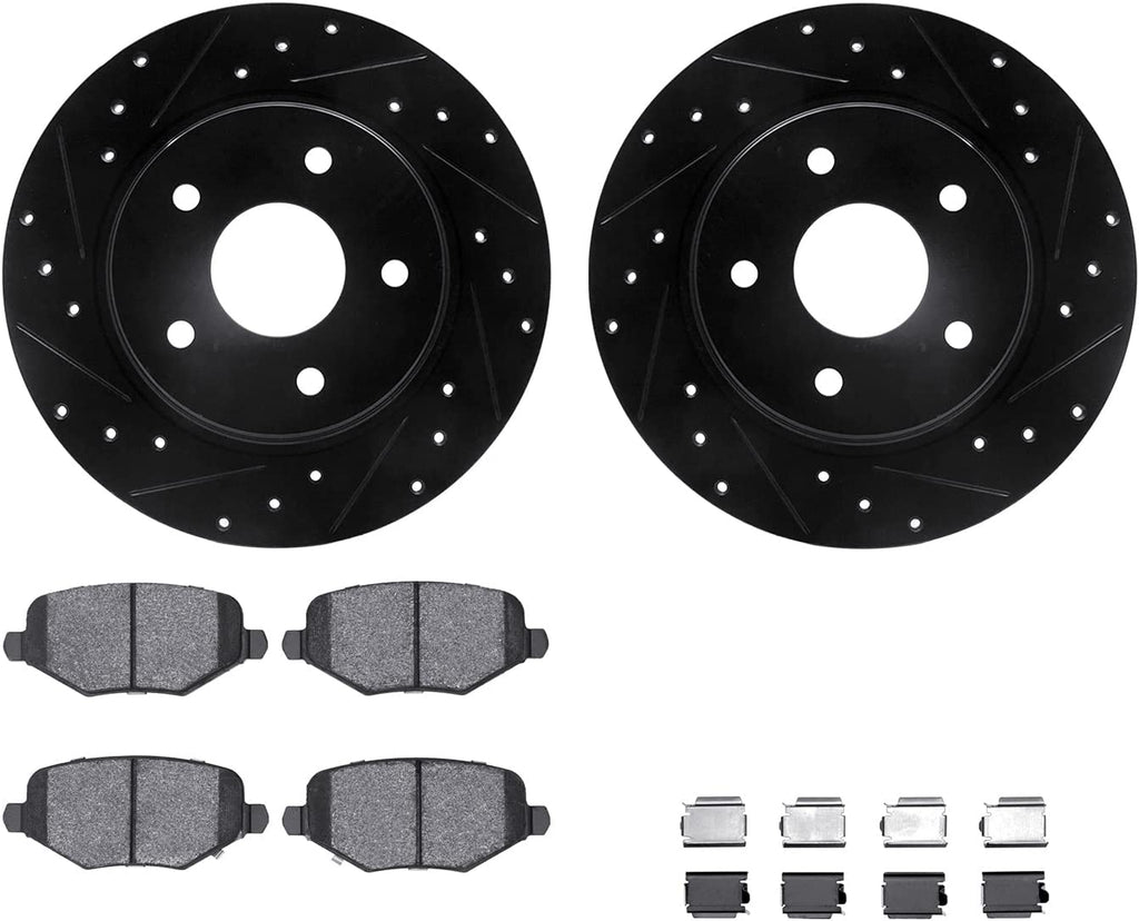 Rear Brake Rotors-Drilled and Slotted-Black with 5000 Euro Ceramic Brake Pads Includes Hardware 8612-40002