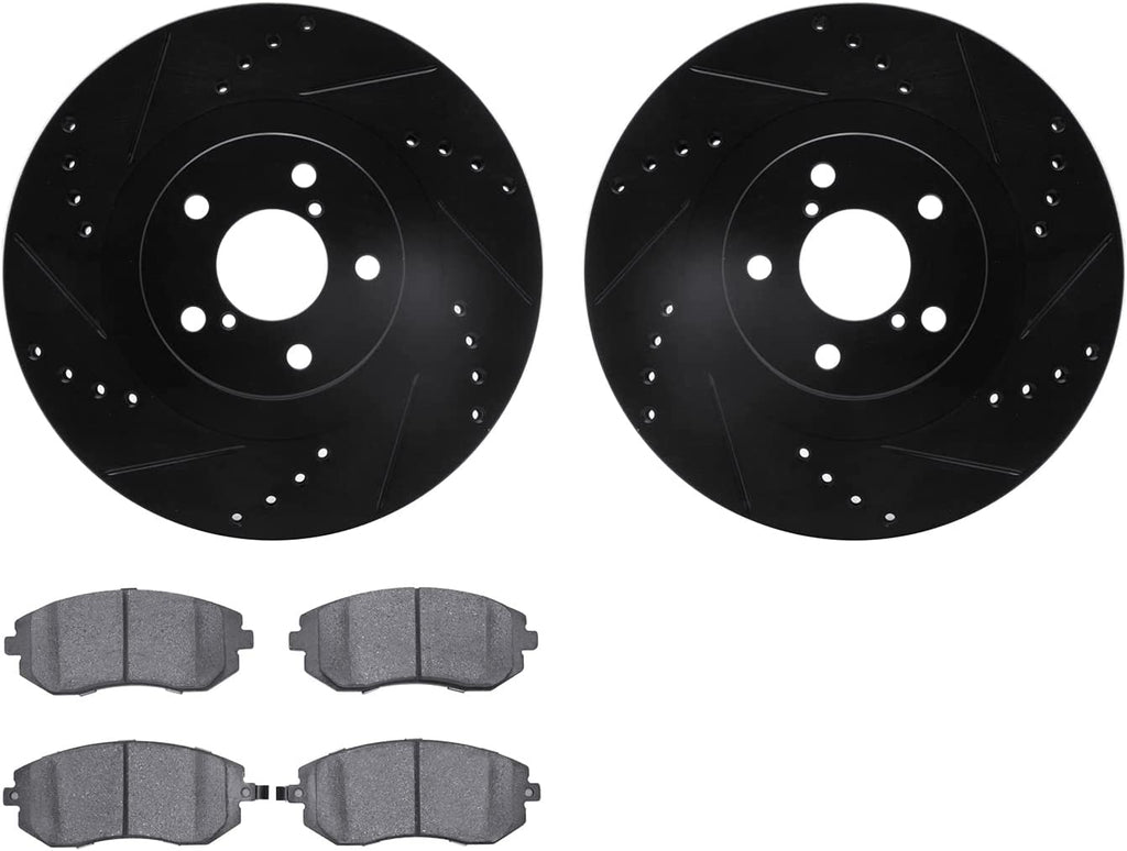 Front Brake Rotors-Drilled and Slotted-Black with 5000 Euro Ceramic Brake Pads 8602-13009