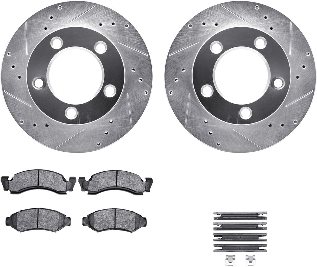 Front Brake Rotors-Drilled and Slotted-Silver with Heavy Duty Brake Pads Includes Hardware 7212-99093