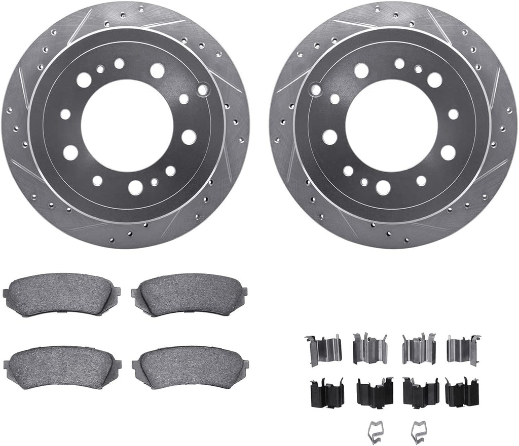 Rear Brake Rotors-Drilled and Slotted-Silver with 5000 Advanced Brake Pads Includes Hardware 7512-76116
