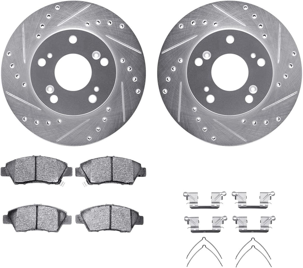 Front Brake Rotors-Drilled and Slotted-Silver with 5000 Advanced Brake Pads Includes Hardware 7512-59038