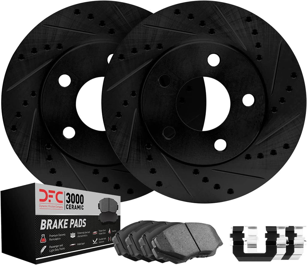 Front Brake Rotors-Drilled and Slotted-Black with 3000 Series Ceramic Brake Pads Includes Hardware 8312-58031