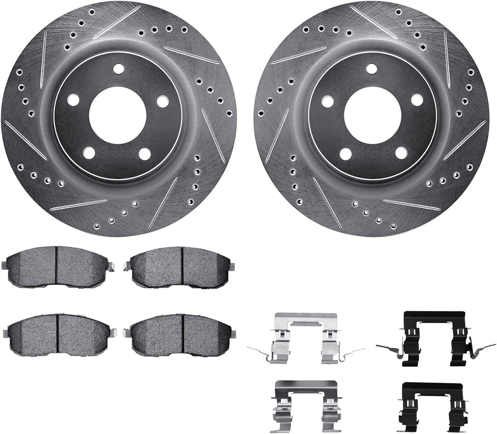 Front Brake Rotors-Drilled and Slotted-Silver with 5000 Advanced Brake Pads Includes Hardware 7512-67064