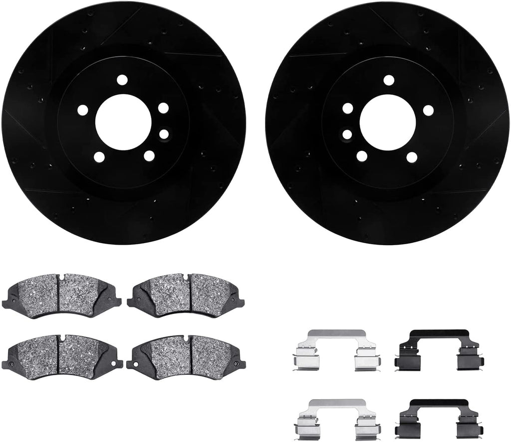 Front Brake Rotors-Drilled and Slotted-Black with 5000 Euro Ceramic Brake Pads Includes Hardware 8612-11009