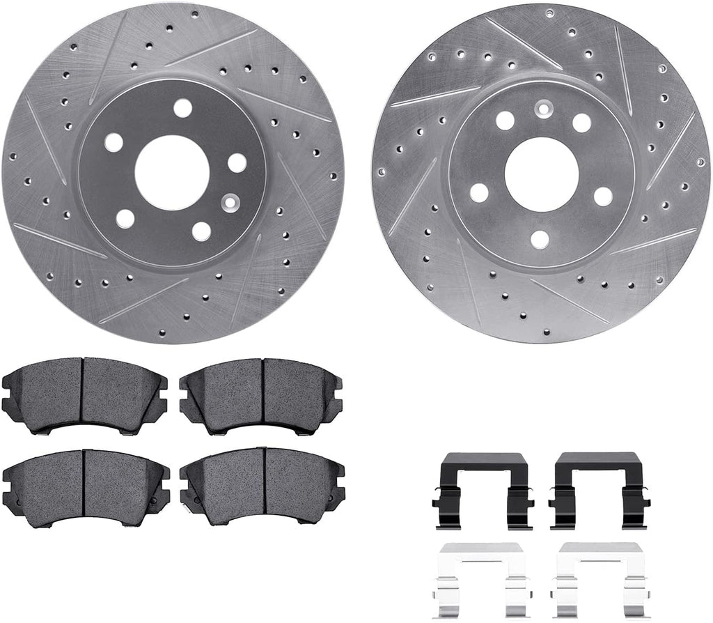 Front Brake Rotors-Drilled and Slotted-Silver with 5000 Euro Ceramic Brake Pads Includes Hardware 7612-45005