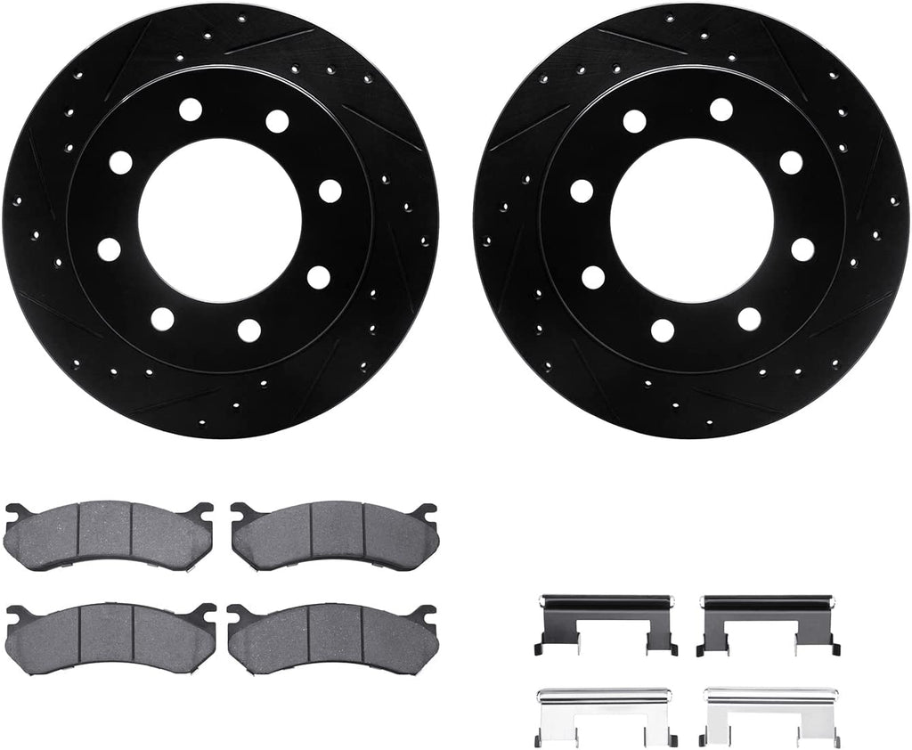 Rear Brake Rotors-Drilled and Slotted-Black with Heavy Duty Brake Pads Includes Hardware 8212-48010