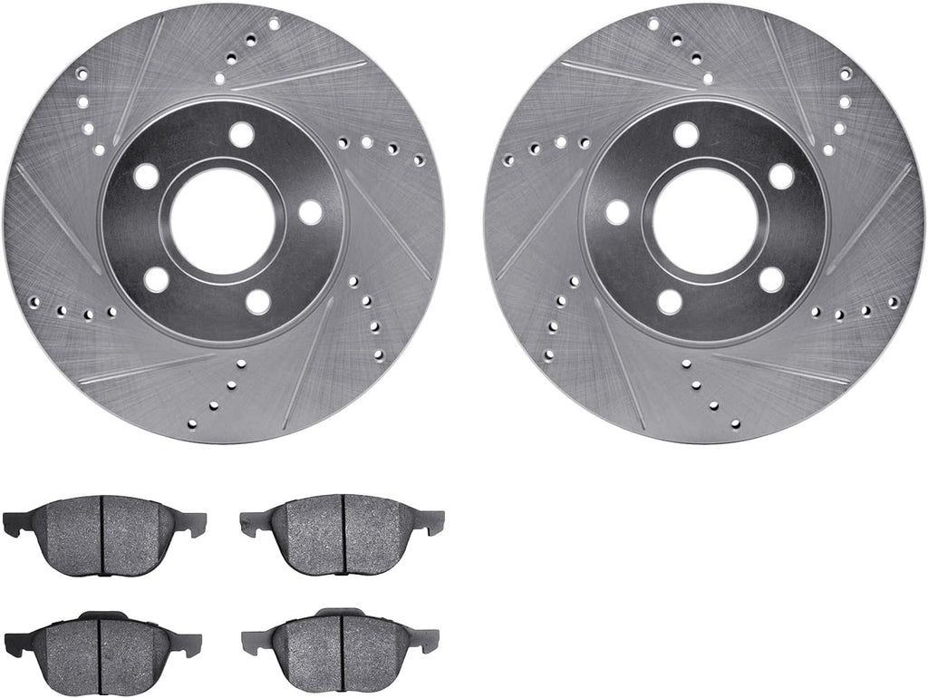 Front Brake Rotors-Drilled and Slotted-Silver with 5000 Euro Ceramic Brake Pads 7602-54020