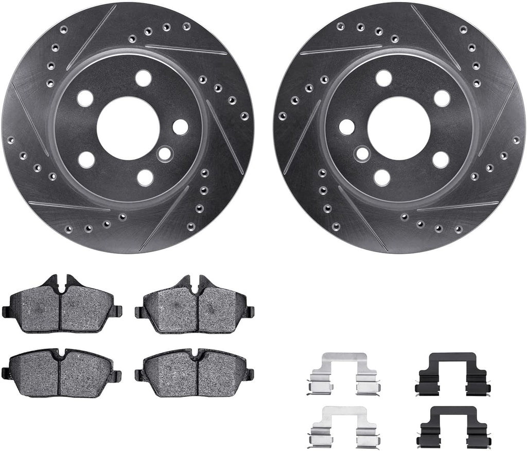 Front Brake Rotors-Drilled and Slotted-Silver with 5000 Advanced Brake Pads Includes Hardware 7512-32020