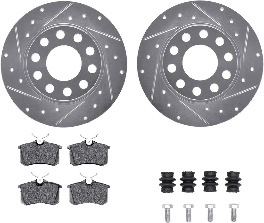 Rear Brake Rotors-Drilled and Slotted-Silver with 5000 Euro Ceramic Brake Pads Includes Hardware 7612-73042