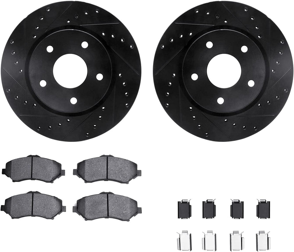 Front Brake Rotors-Drilled and Slotted-Black with 5000 Euro Ceramic Brake Pads Includes Hardware 8612-40000