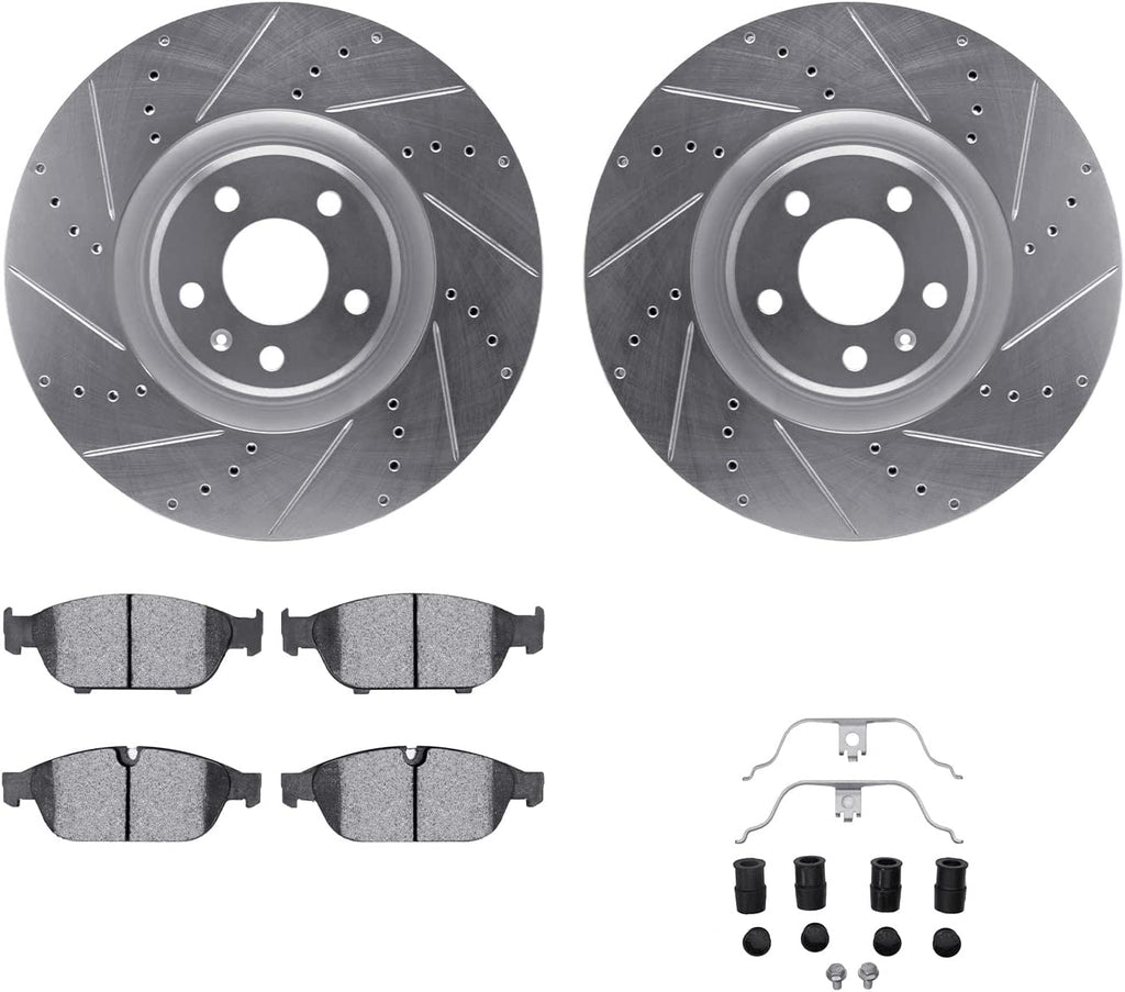 Front Brake Rotors-Drilled and Slotted-Silver with 5000 Advanced Brake Pads Includes Hardware 7512-73085