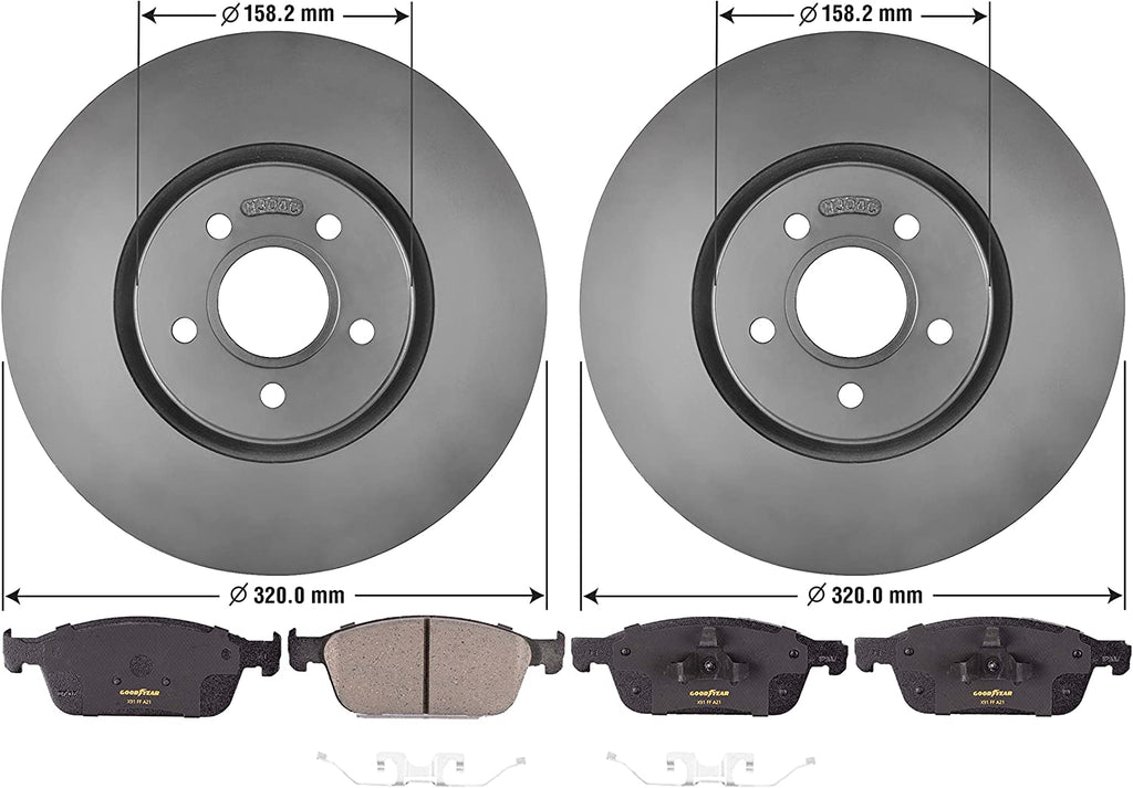 Goodyear anti Ox Polished Front Brake Kits Rotors & Ceramic Pads Compatible with Ford & More PRK80874F