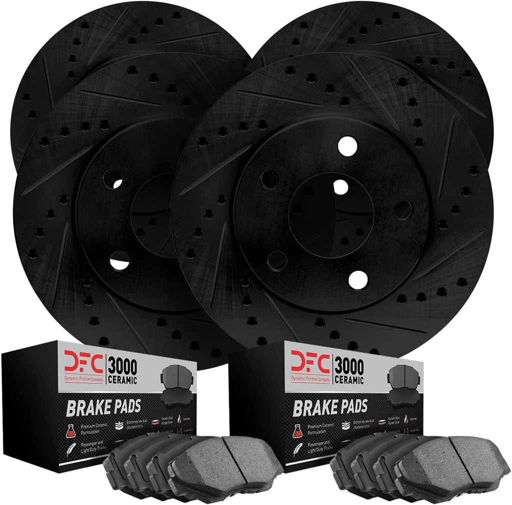 Front Rear Brake Rotors-Drilled and Slotted-Black with 3000 Series Ceramic Brake Pads 8304-45016