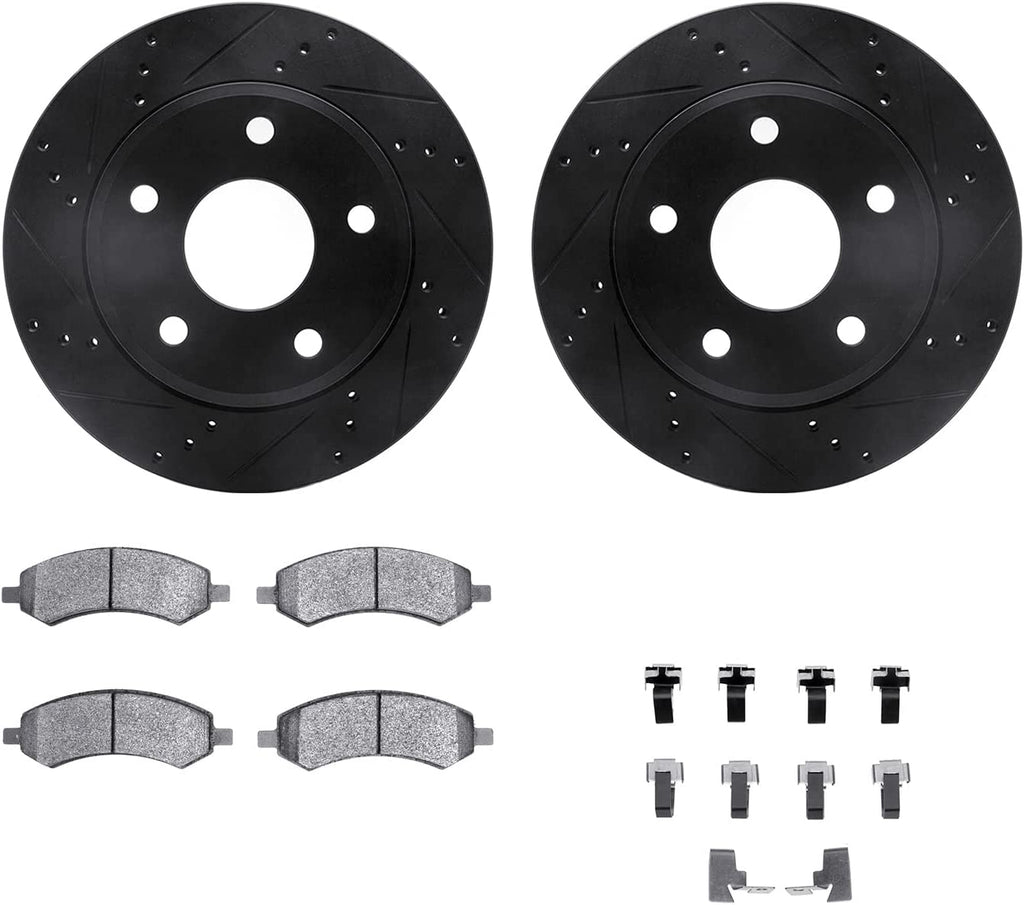 Front Brake Rotors-Drilled and Slotted-Black with Heavy Duty Brake Pads Includes Hardware 8212-40175