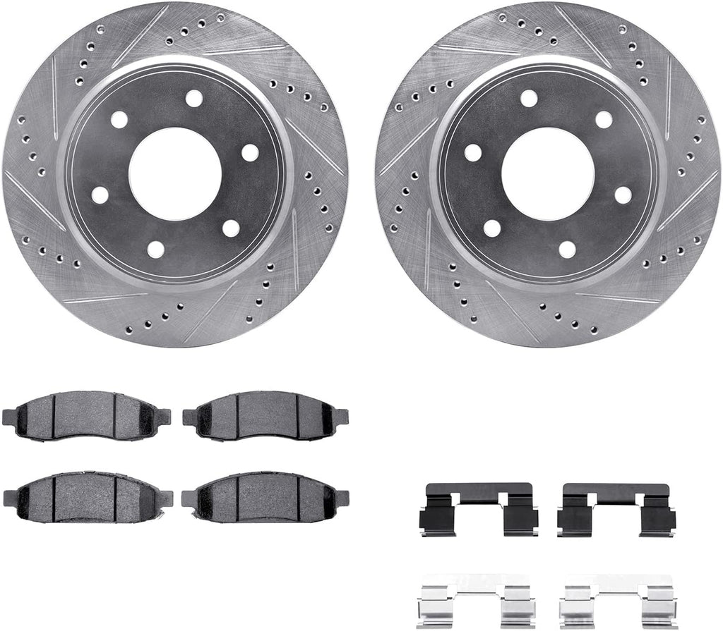 Front Brake Rotors-Drilled and Slotted-Silver with 5000 Advanced Brake Pads Includes Hardware 7512-67113