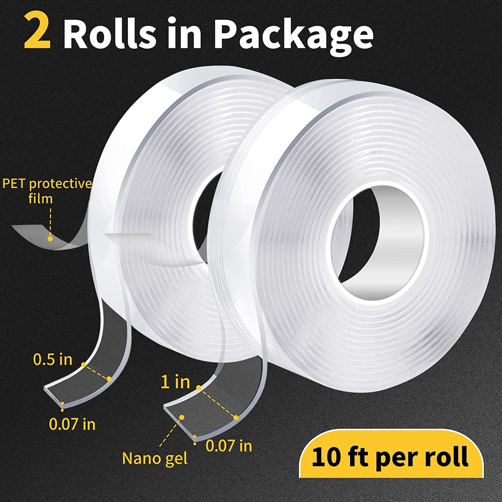 Double Sided Tape Heavy Duty, Double Stick Mounting Adhesive Tape (2 Rolls, Total 20FT), Clear Two Sided Wall Tape Strips, Removable Poster Tape for Home, Office, Car, Outdoor Use