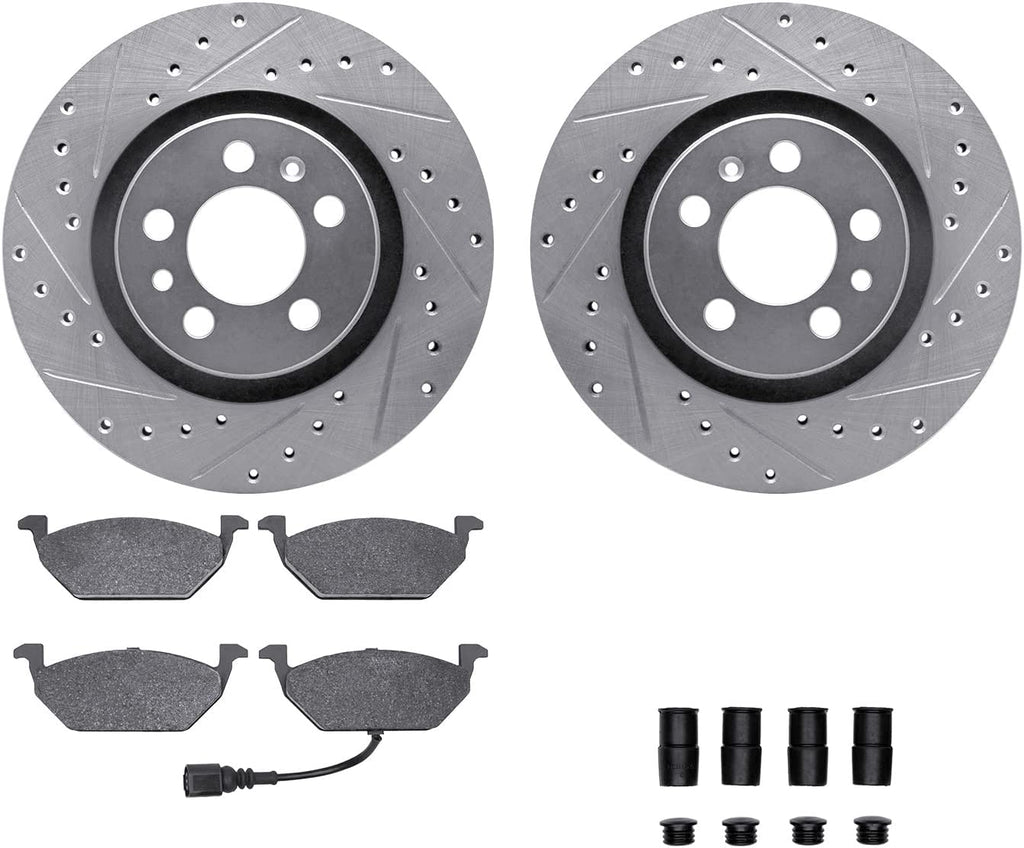 Front Brake Rotors-Drilled and Slotted-Silver with 5000 Advanced Brake Pads Includes Hardware 7512-74026