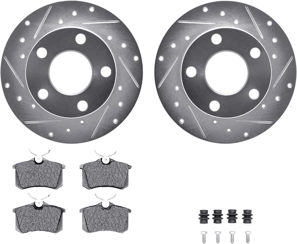 Rear Brake Rotors-Drilled and Slotted-Silver with 5000 Euro Ceramic Brake Pads Includes Hardware 7612-74012