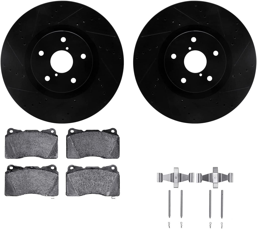 Front Brake Rotors-Drilled and Slotted-Black with 5000 Advanced Brake Pads Includes Hardware 8512-13019