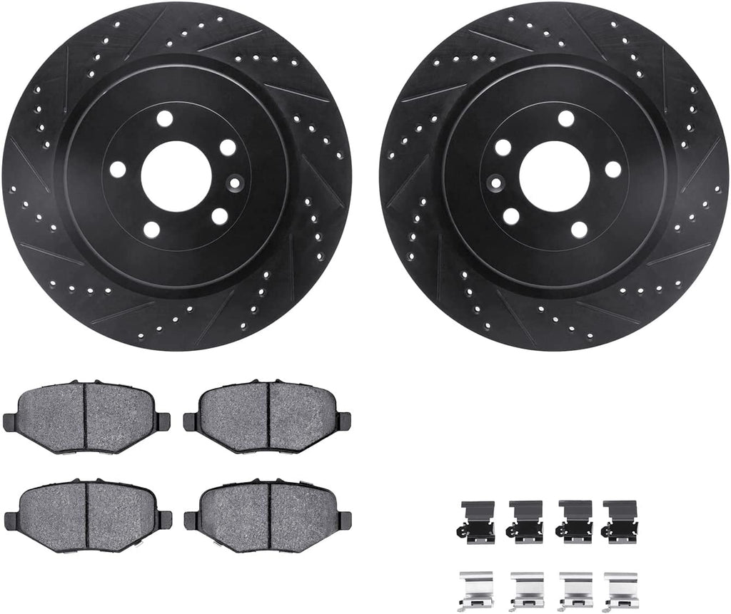 Rear Brake Rotors-Drilled and Slotted-Black with 5000 Advanced Brake Pads Includes Hardware 8512-54215