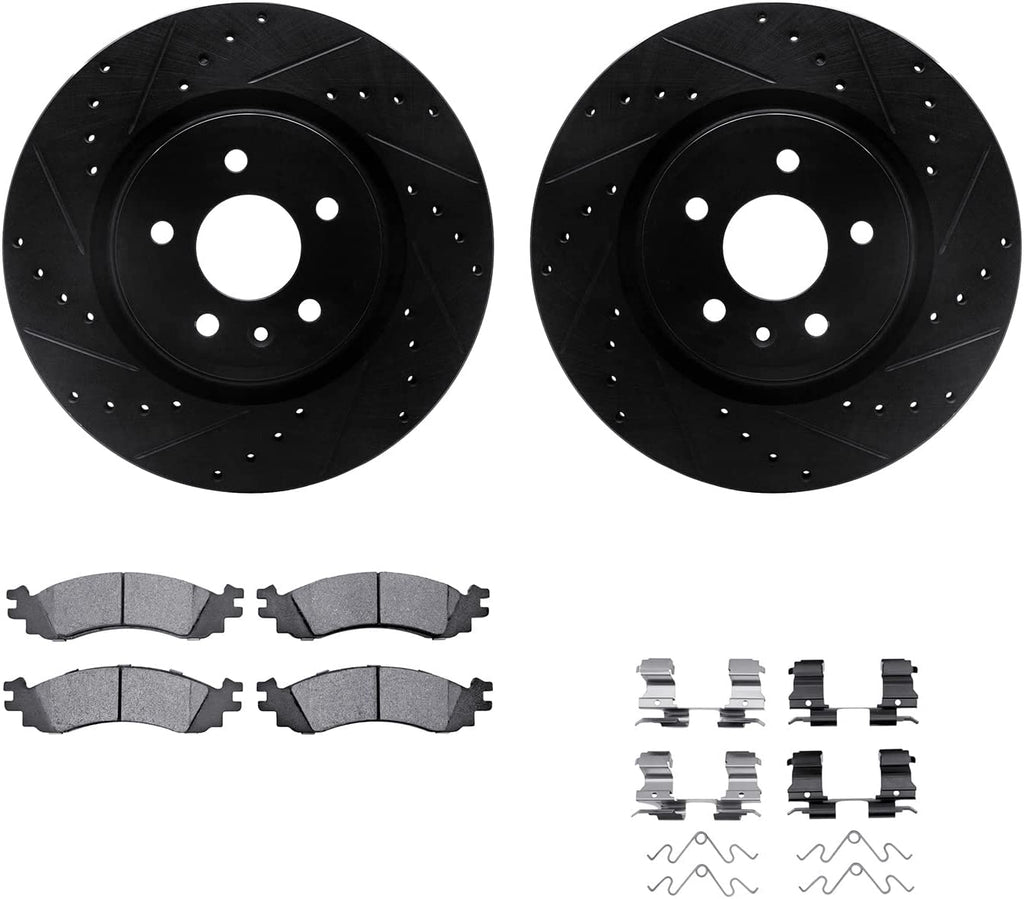 Front Brake Rotors-Drilled and Slotted-Black with 5000 Advanced Brake Pads Includes Hardware 8512-54058