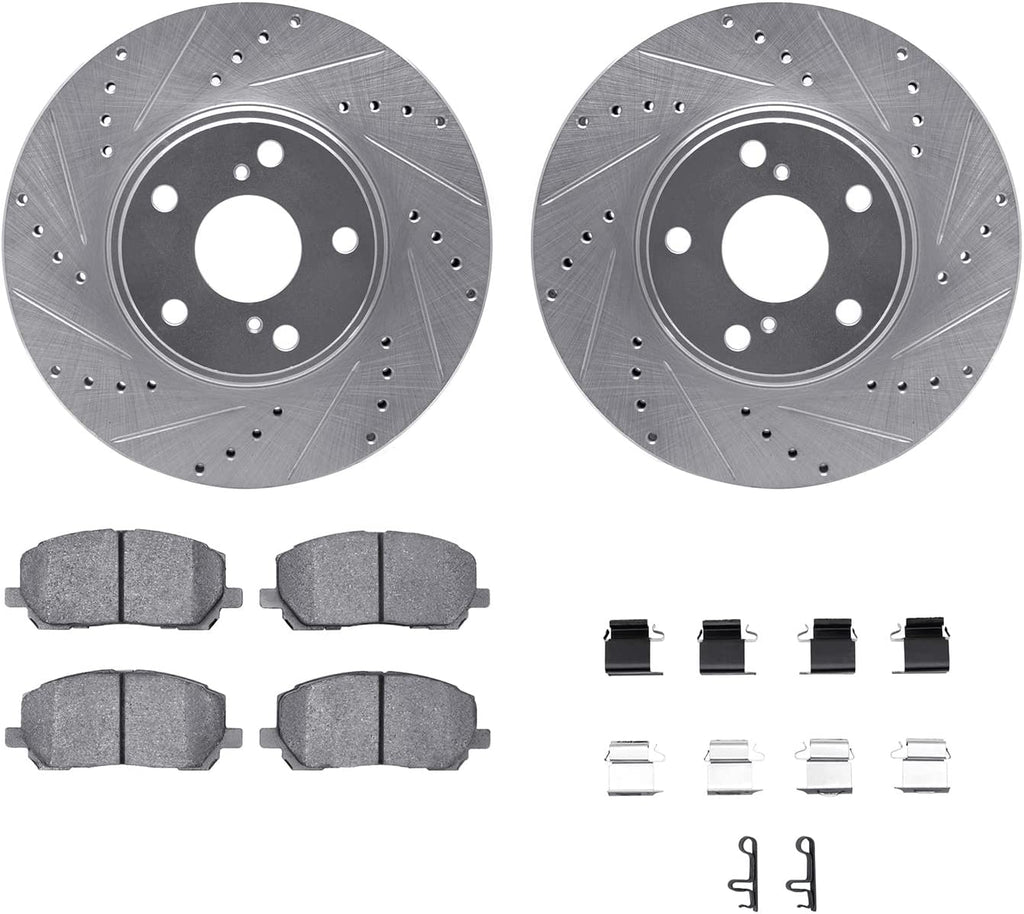 Front Brake Rotors-Drilled and Slotted-Silver with 5000 Advanced Brake Pads Includes Hardware 7512-76131