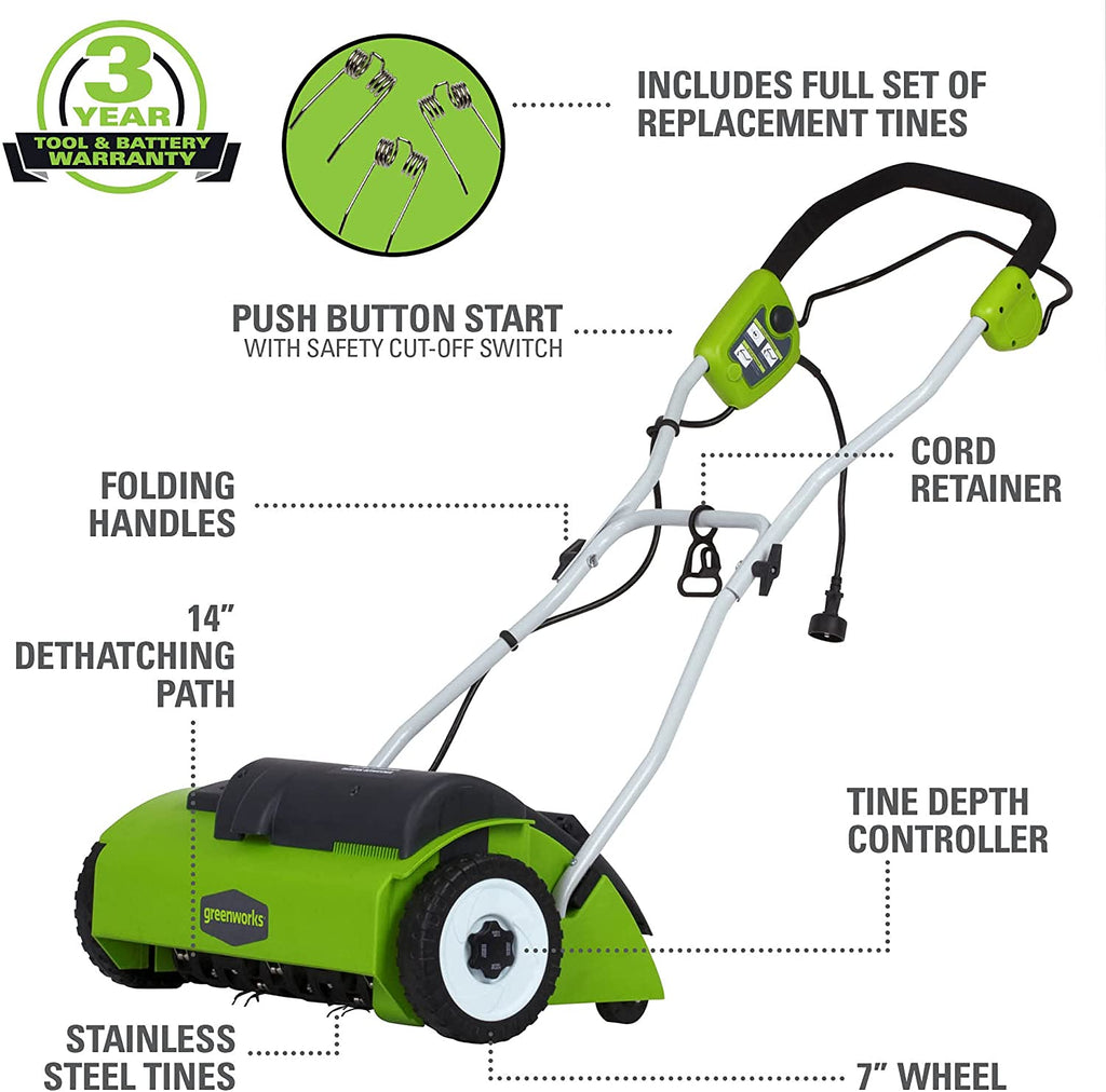 Greenworks 10 Amp 14” Corded Electric Dethatcher (Stainless Steel Tines)