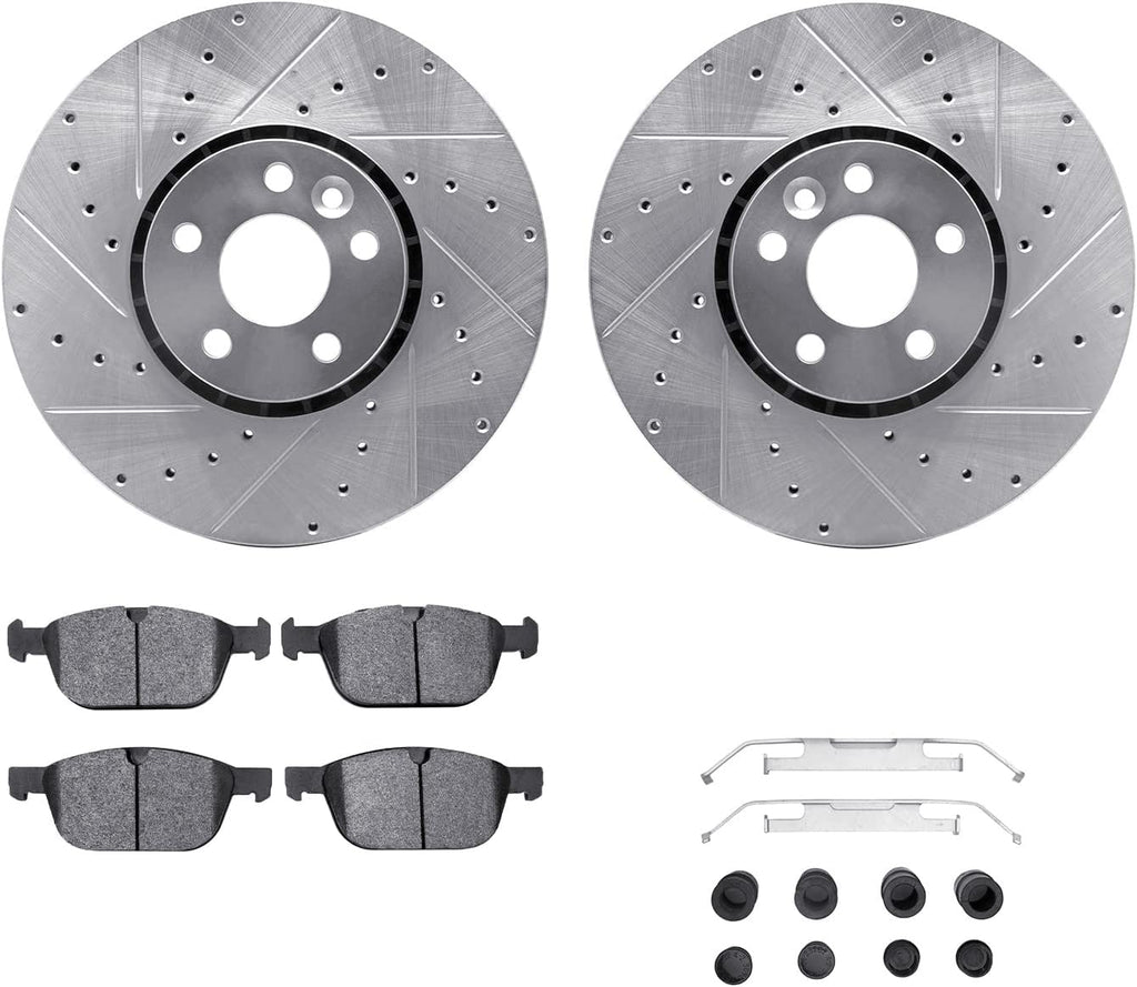 Front Brake Rotors-Drilled and Slotted-Silver with 5000 Advanced Brake Pads Includes Hardware 7512-27070