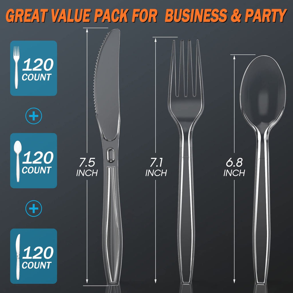 360Pc Party Plastic Silverware, Disposable Cutlery Set, Premium Clear Utencils Combo: 120 Forks, 120 Spoons, 120 Knives, Heavy Duty with Heat Resistant & BPA Free, Solid and Durable Party Supply