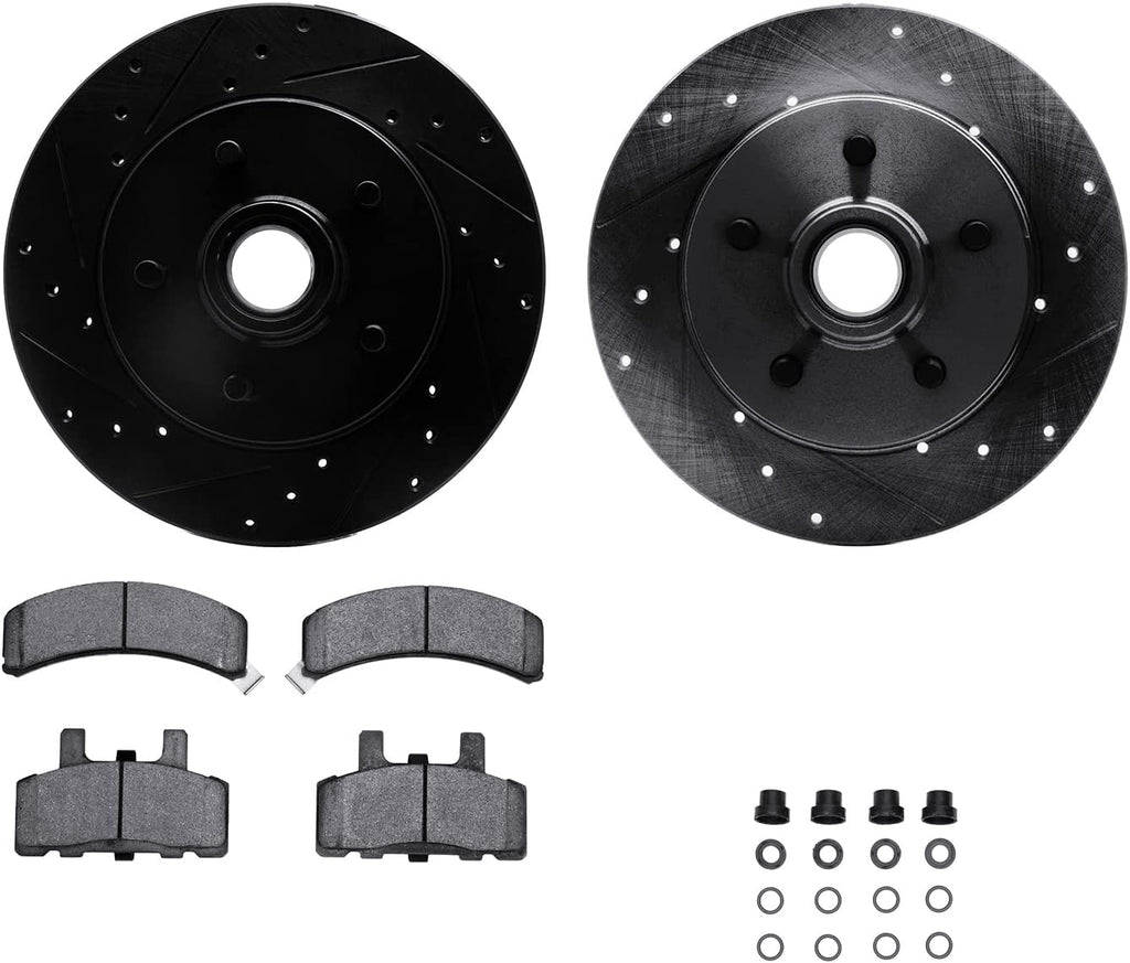Front Brake Rotors-Drilled and Slotted-Black with Heavy Duty Brake Pads Includes Hardware 8212-48080