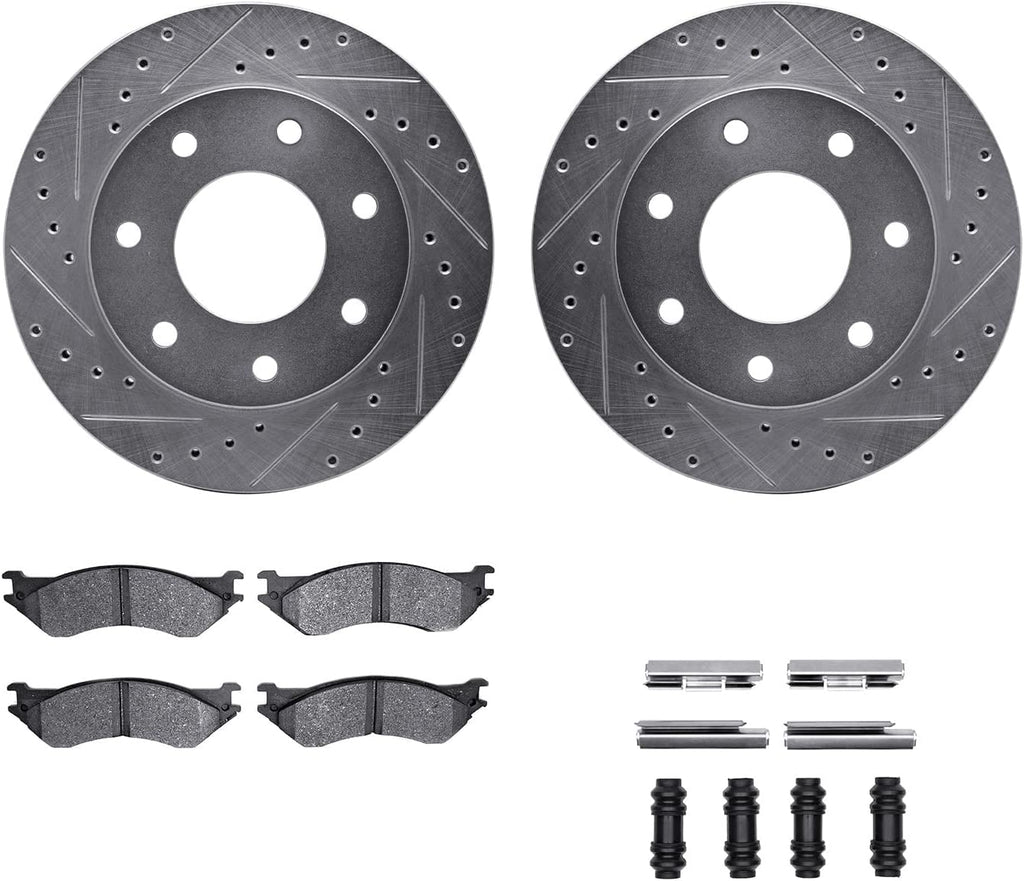 Front Brake Rotors-Drilled and Slotted-Silver with Heavy Duty Brake Pads Includes Hardware 7212-99138