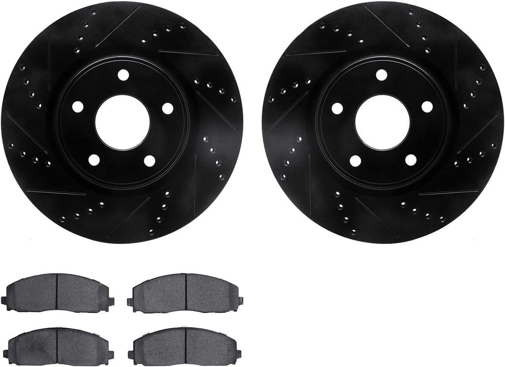 Front Brake Rotors-Drilled and Slotted-Black with 5000 Advanced Brake Pads 8502-40025