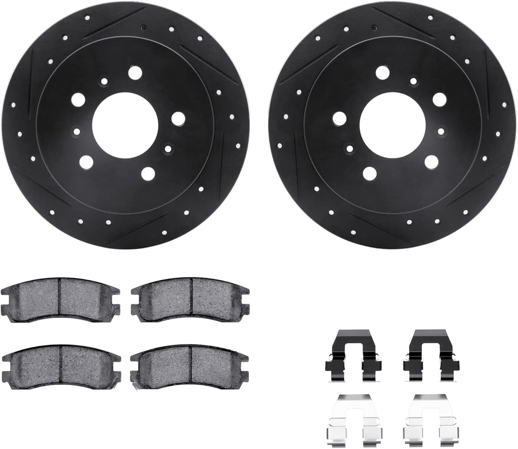 Rear Brake Rotors-Drilled and Slotted-Black with 5000 Advanced Brake Pads Includes Hardware 8512-45002