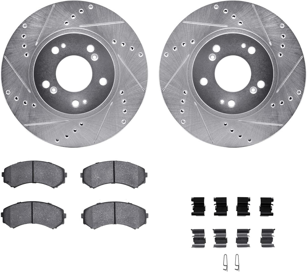 Front Brake Rotors-Drilled and Slotted-Silver with 5000 Advanced Brake Pads Includes Hardware 7512-72072