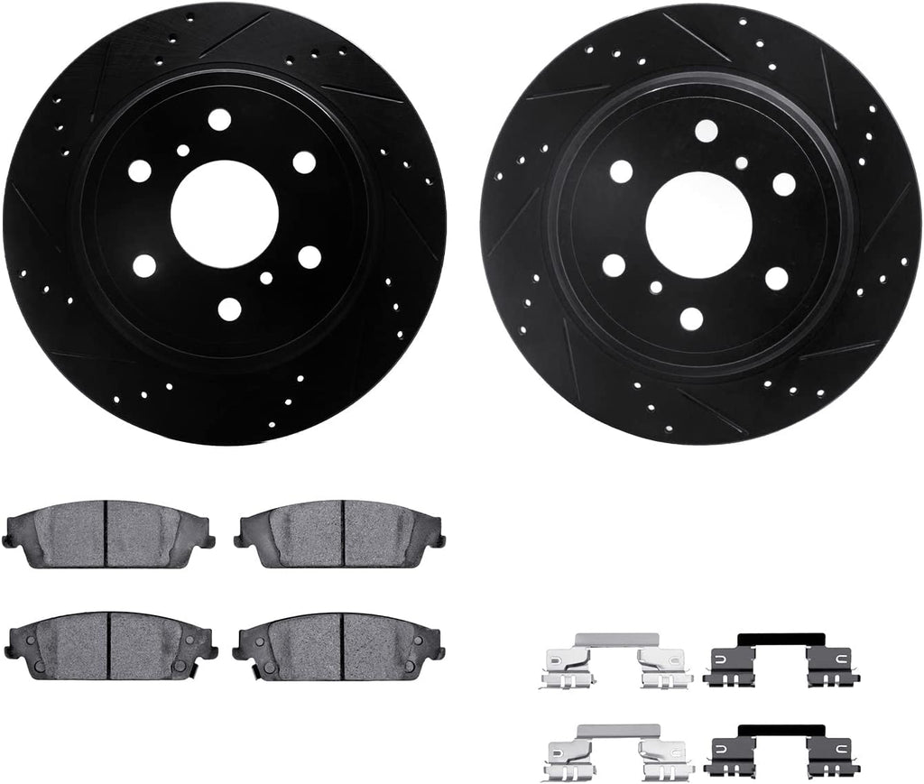 Rear Brake Rotors-Drilled and Slotted-Black with 5000 Advanced Brake Pads Includes Hardware 8512-48063