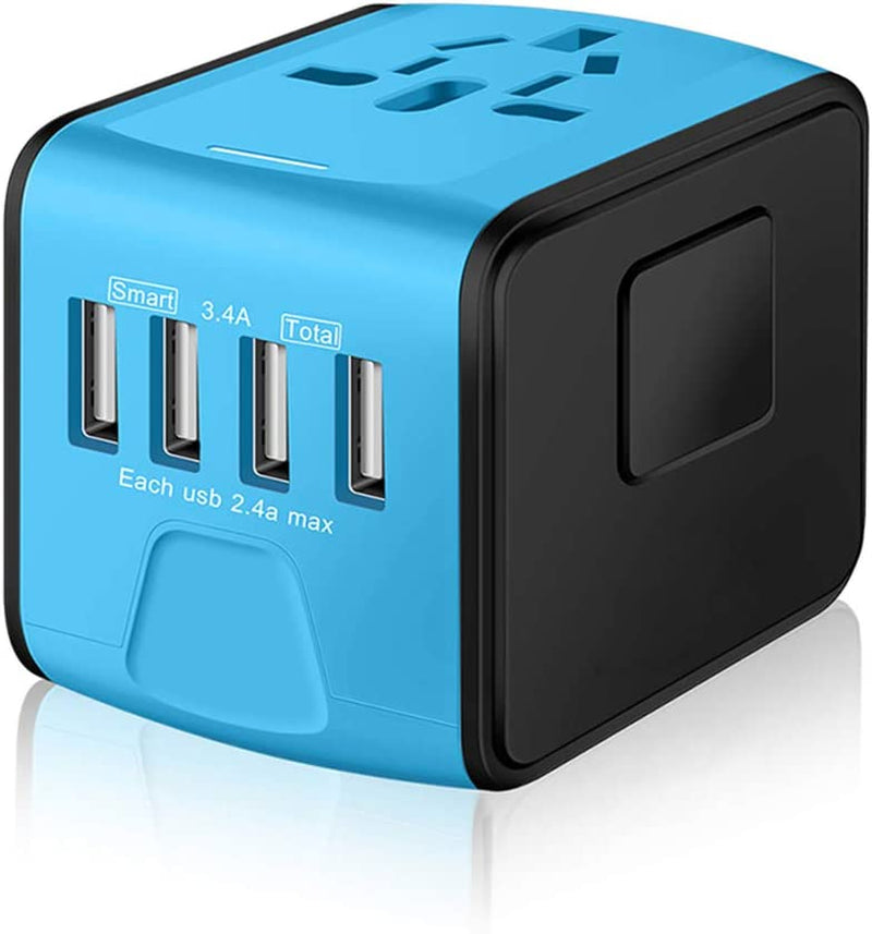Universal International Travel Power Adapter W/Smart High Speed 2.4A 4Xusb Wall Charger, European Adapter, Worldwide AC Outlet Plugs Adapters for Europe, UK, US, AU, Asia-Blue