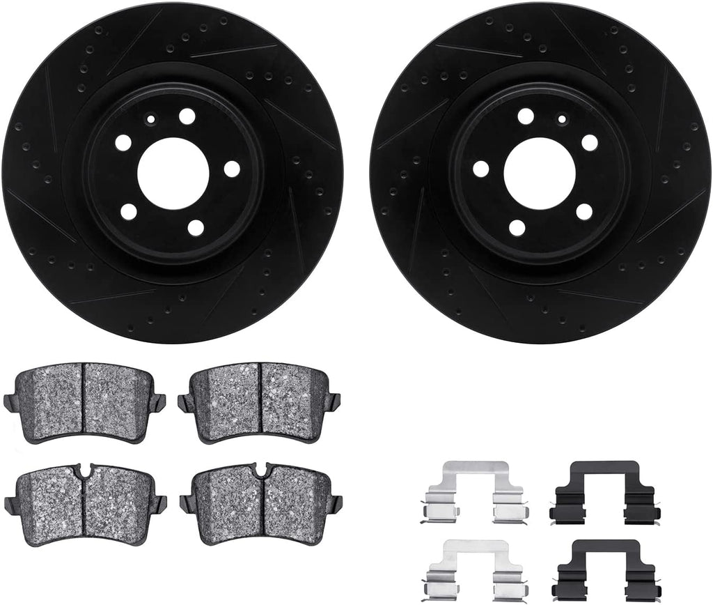 Rear Brake Rotors-Drilled and Slotted-Black with 5000 Advanced Brake Pads Includes Hardware 8512-73090