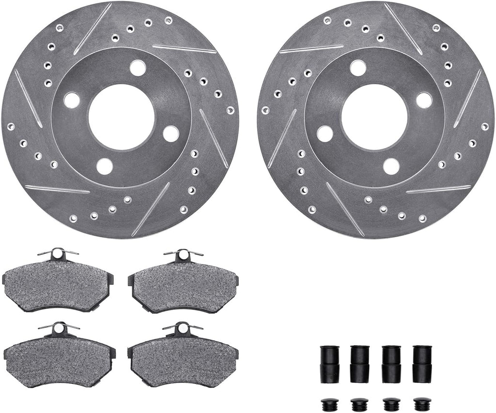 Front Brake Rotors-Drilled and Slotted-Silver with 5000 Advanced Brake Pads Includes Hardware 7512-73002