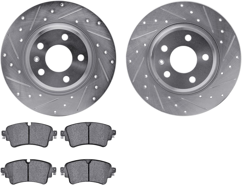 Rear Brake Rotors-Drilled and Slotted-Silver with 5000 Euro Ceramic Brake Pads 7602-73049