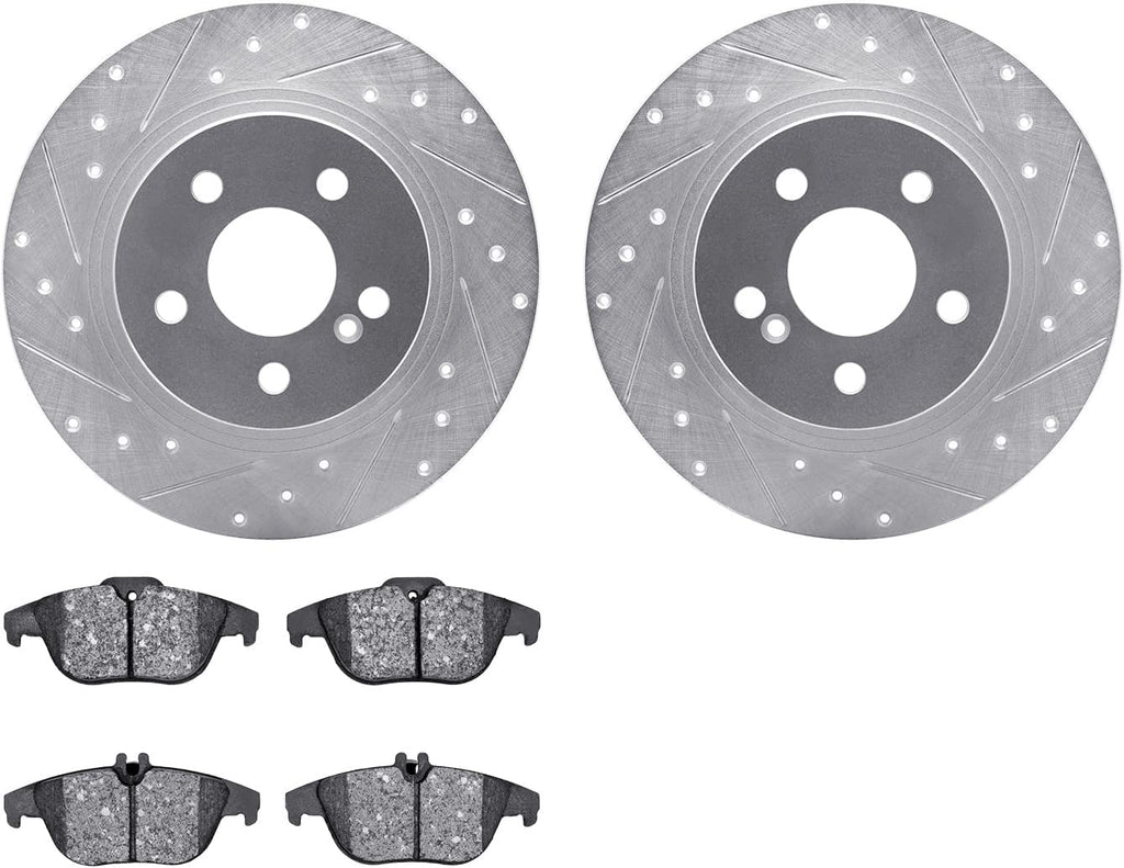 Rear Brake Rotors-Drilled and Slotted-Silver with 5000 Euro Ceramic Brake Pads 7602-63052