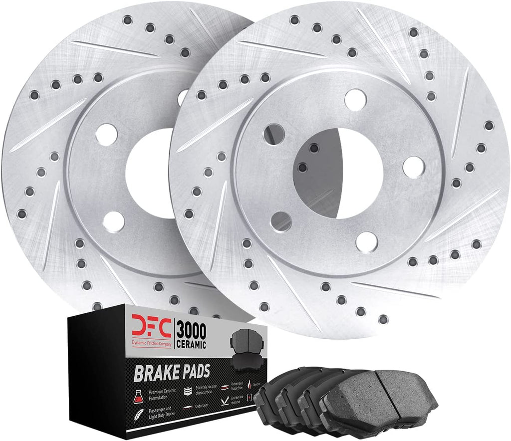 Front Brake Rotors-Drilled and Slotted-Silver with 3000 Series Ceramic Brake Pads 7302-46050